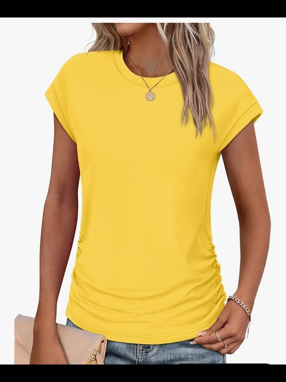 Women's Yellow Ruched Short Sleeve Top